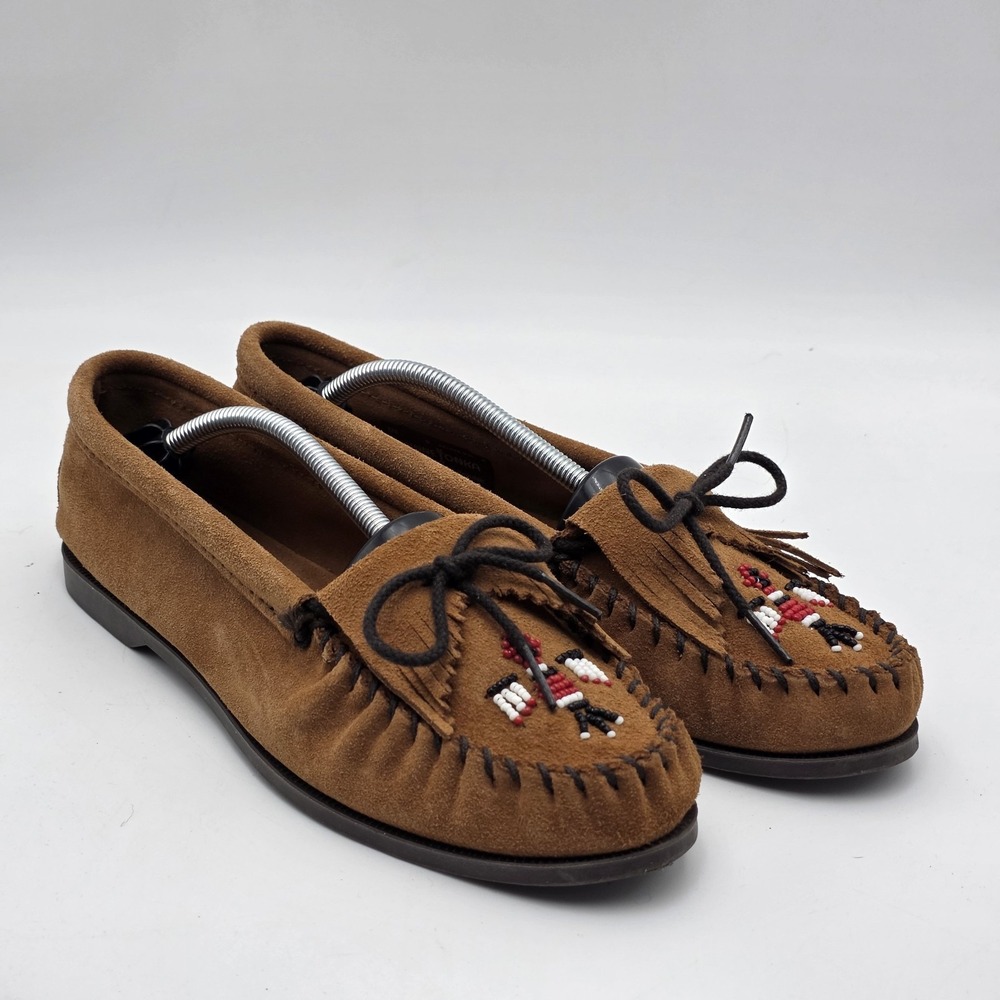 Minnetonka Brown Leather Moccasins Hard Bottoms Thunderbird Beading Women's 9